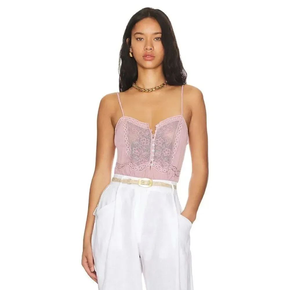 NWT Free People Still the One Lace Trim Cotton Bodysuit in La Fleur, Size XS